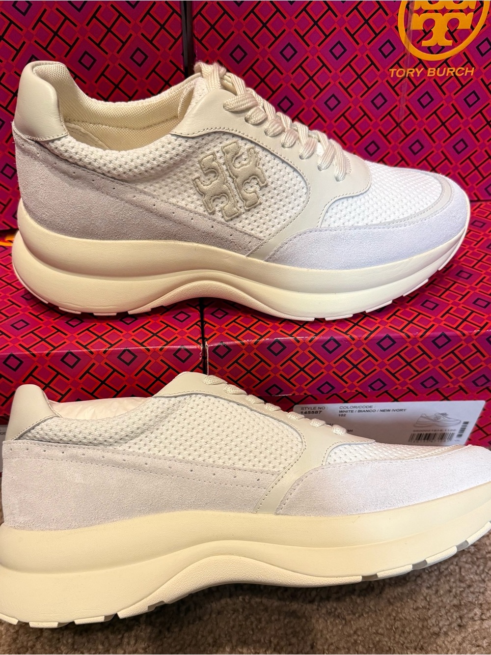 Tory Burch Cream & White Platform Mesh Suede Sneaker